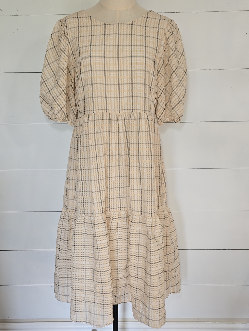 English Factory Plaid Tiered Puff-Sleeve Midi Dress Cream Tan Sz M - Picture 1 of 7